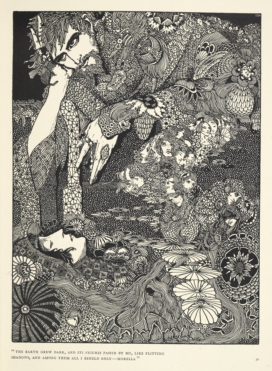 "A terra escureceu e as suas figuras passaram por mim, como sombras esvoaçantes ... Morella." Ilustração para a história 