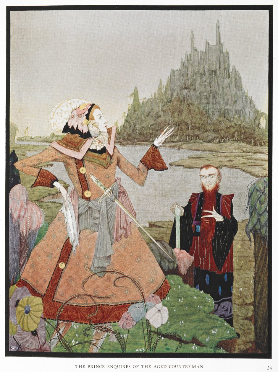 "O príncipe pergunta ao velho camponês." Uma ilustração para a história, "A bela adormecida". de Harry Clarke
