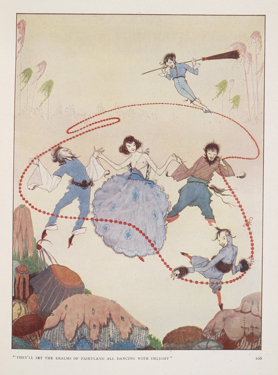 "Eles vão pôr os reinos do país das fadas a dançar de alegria". Ilustração para "Esmolas no outono" de Rose Fyleman. Figuras a dançar no ar. de Harry Clarke