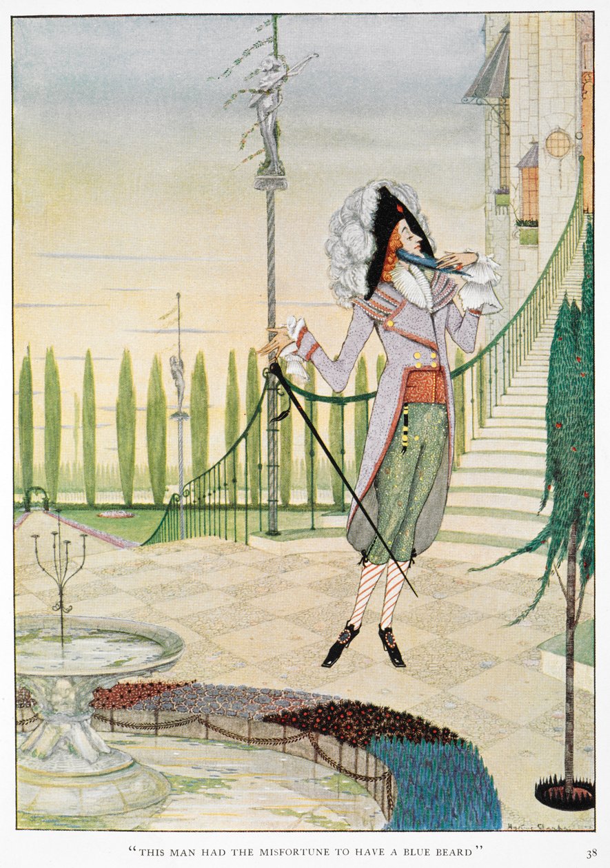 "Este homem teve a infelicidade de ter uma Barba Azul." O Barba Azul a acariciar a barba. de Harry Clarke