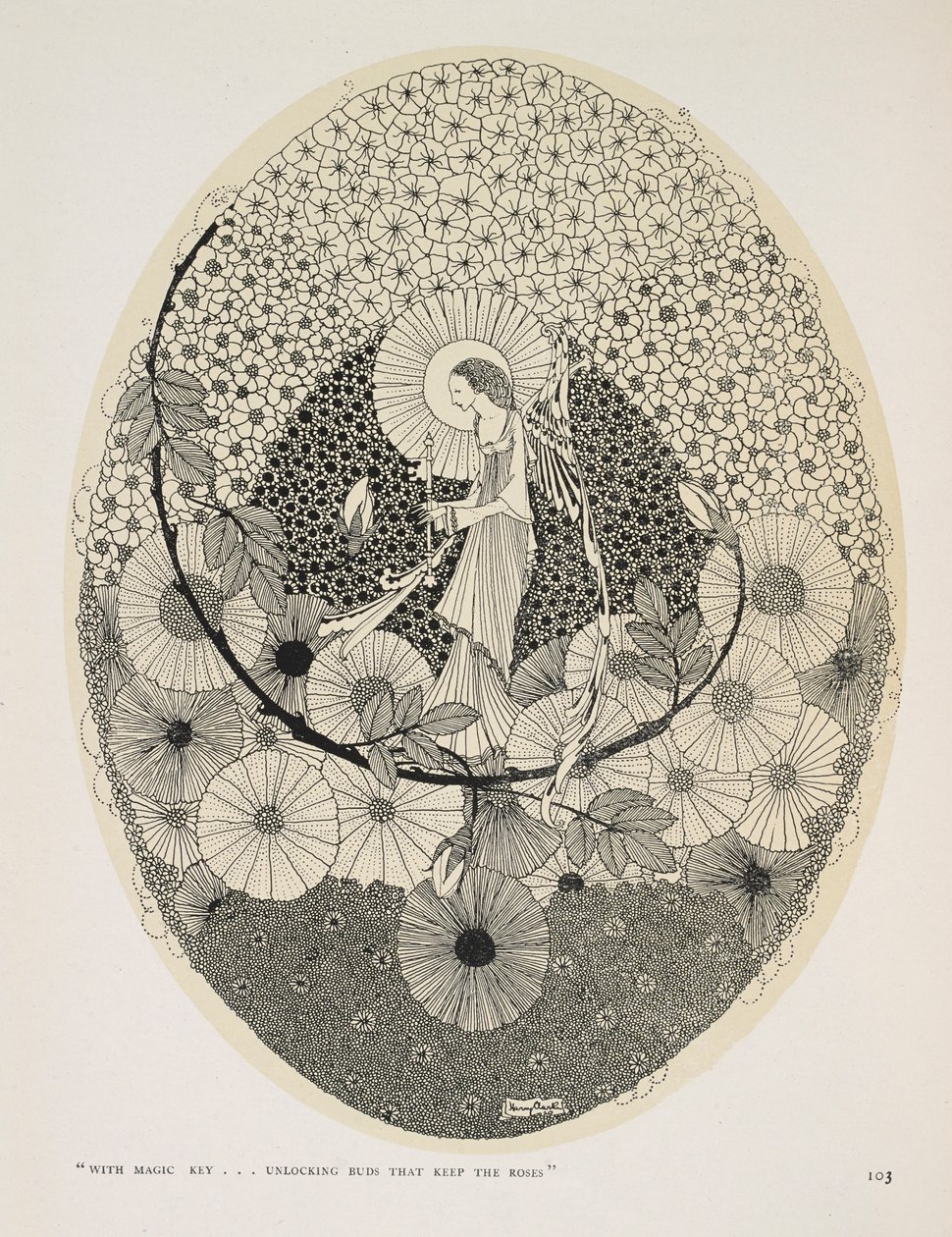 Para a primavera que se aproxima. "Com chave mágica... abrindo botões que guardam as rosas". de Harry Clarke
