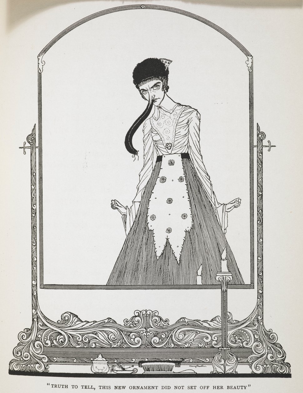 "Verdade seja dita, este novo ornamento não realçou a sua beleza." Ilustração para a história "Os desejos ridículos". de Harry Clarke