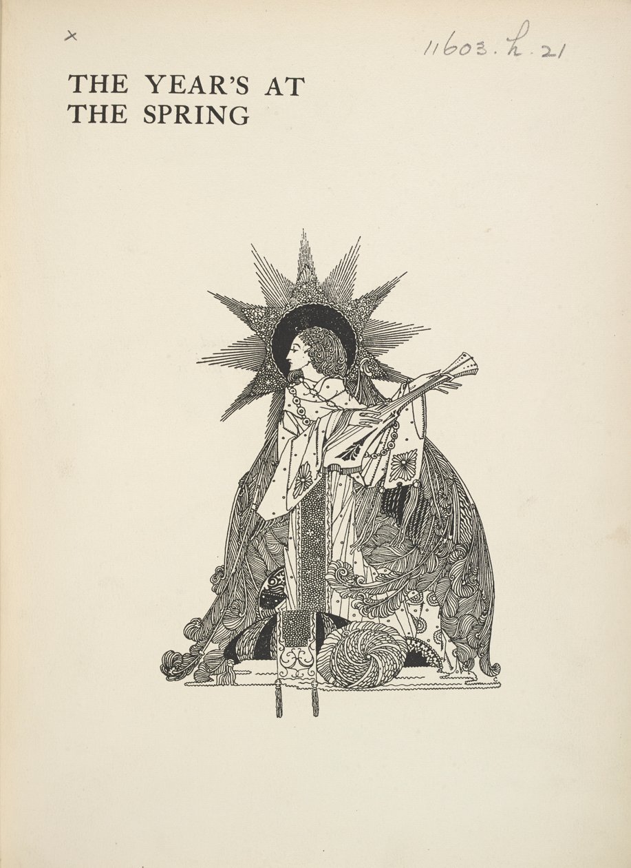 Ilustração sem título. Uma mulher a tocar um instrumento musical. de Harry Clarke