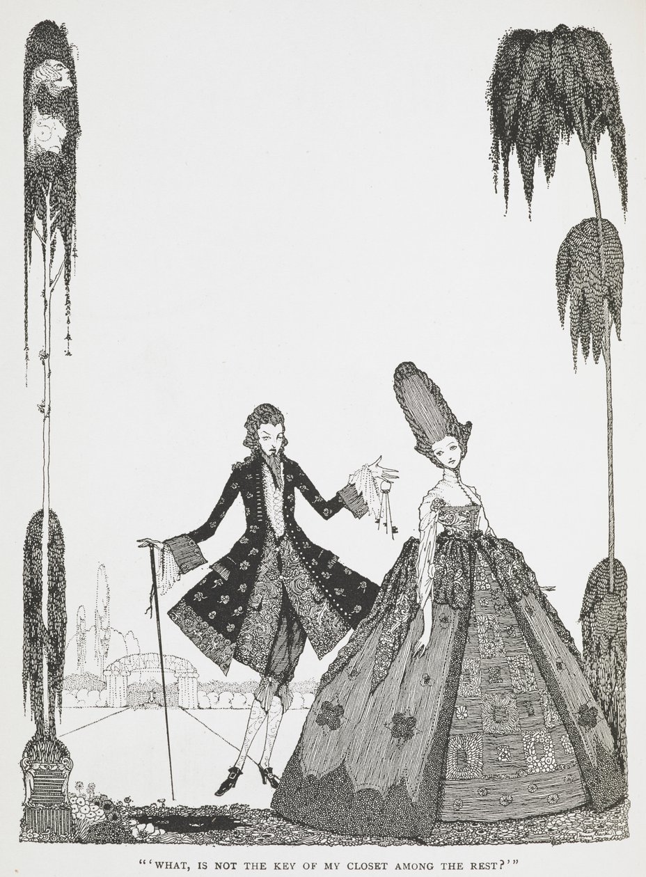"O quê, a chave do meu armário não está entre as outras?" Ilustração da história "Barba Azul". de Harry Clarke