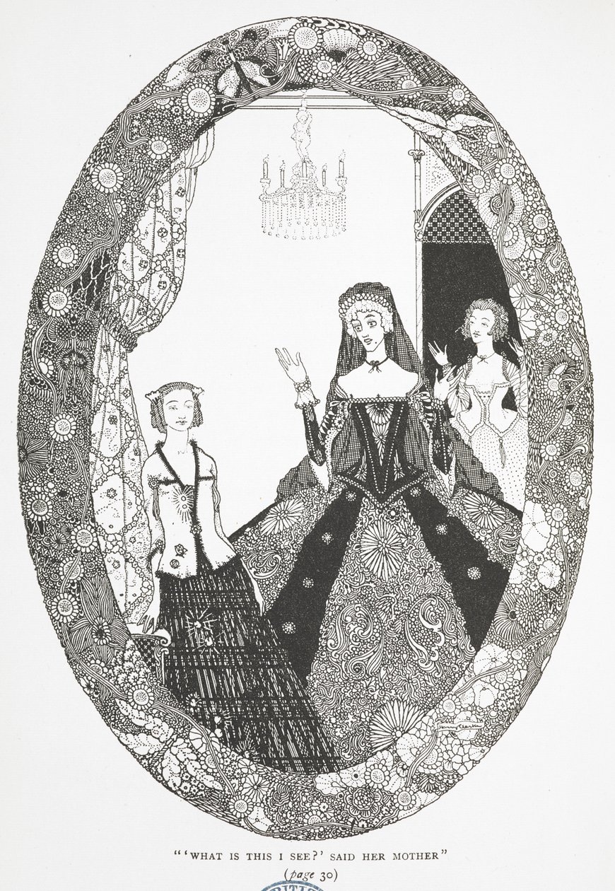 "O que é isto que estou a ver?", disse a mãe. Ilustração para a história "A Fada". de Harry Clarke