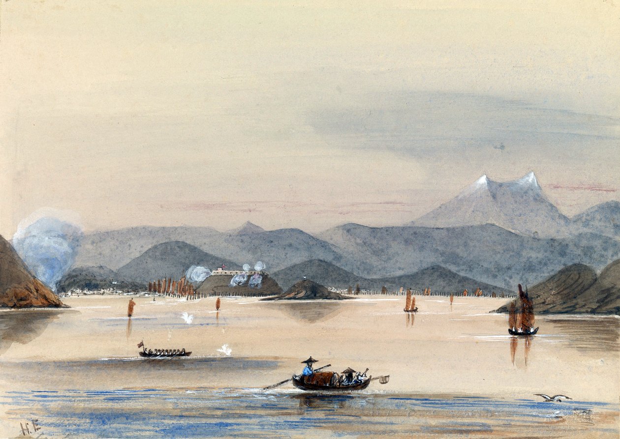 O HMS Tribune encontra o seu caminho no rio Chuenpee, em Cantão (China), com barcos a remos e juncos chineses de Harry Edmond Edgell