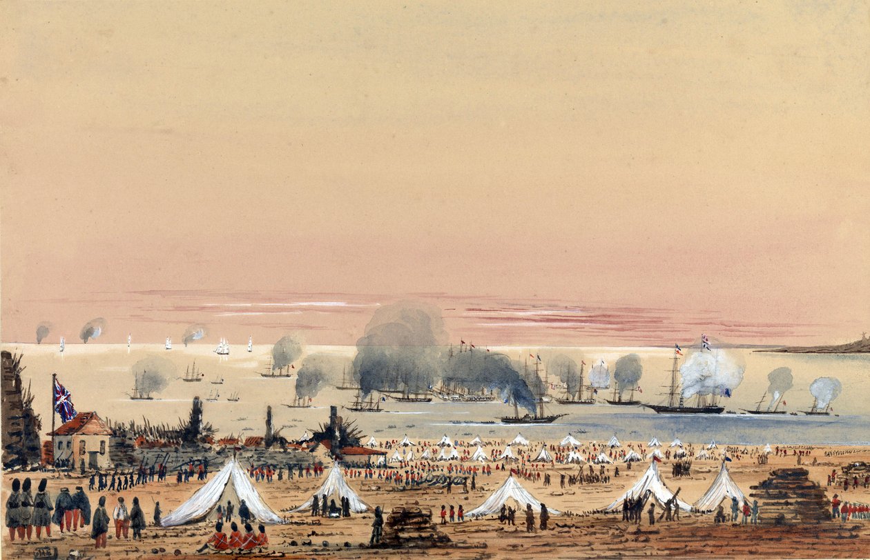 O desembarque em Kinburn (Ucrânia, Rússia) em outubro de 1855, um acampamento do exército britânico na costa, com a frota ancorada ao largo, incluindo o HMS Tribune de Harry Edmond Edgell