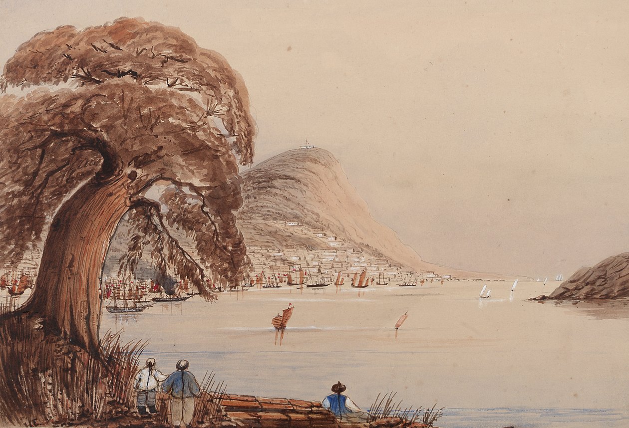 Vista de uma cidade costeira com uma árvore e figuras em primeiro plano de Harry Edmond Edgell