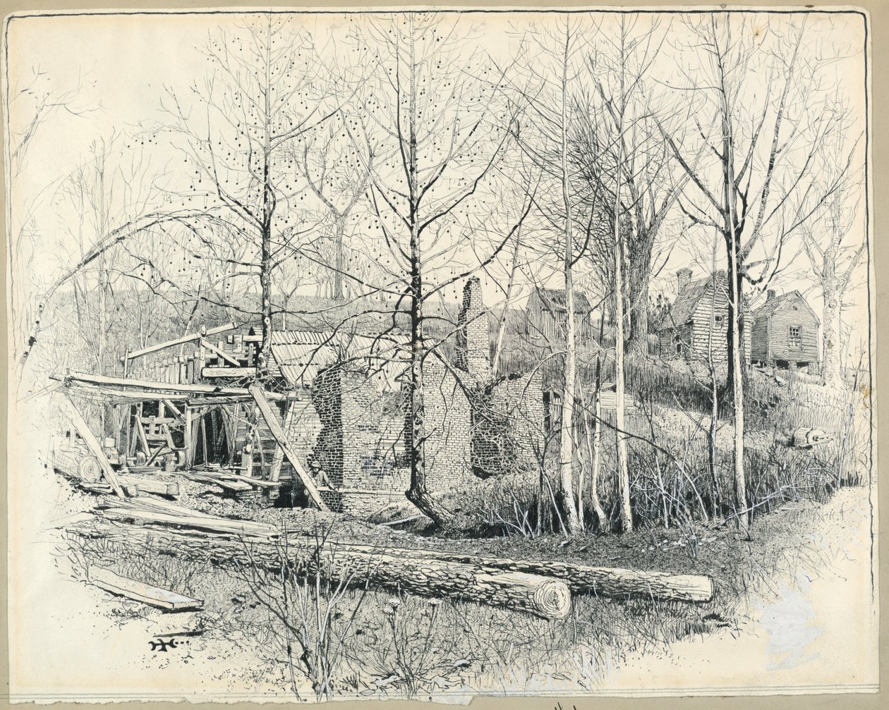 Desenho, Aspeto atual do moinho de Gaines, olhando para leste, 1885 de Harry Fenn