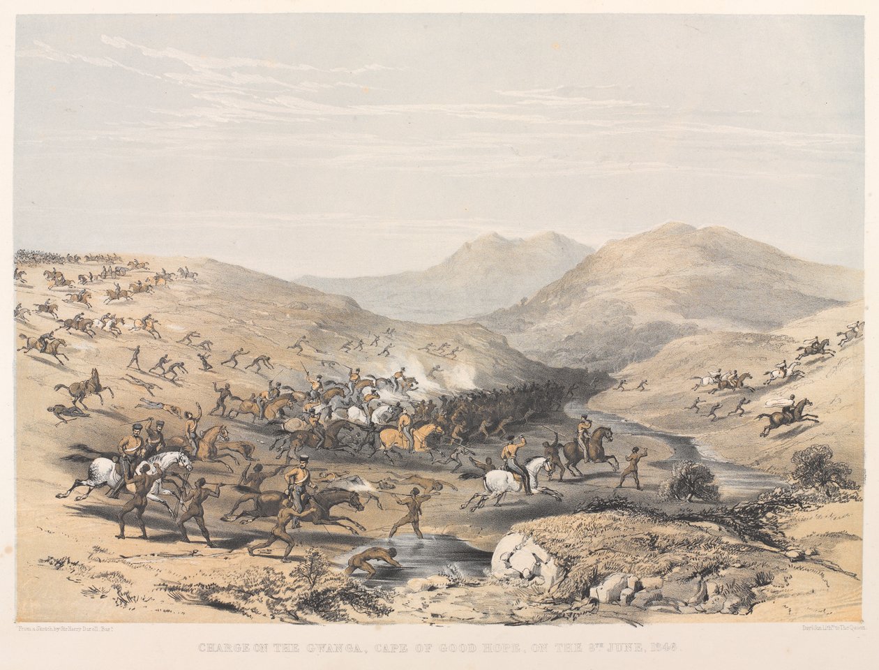 Ataque ao Gwanga, Cabo da Boa Esperança, em 8 de junho de 1846 (litografia a cores) de Harry Francis Darell
