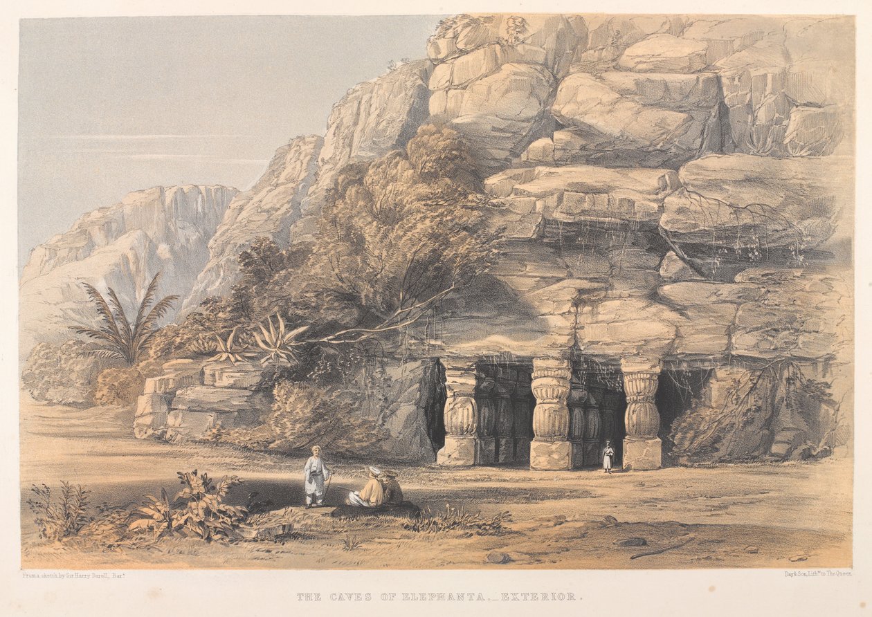 As Grutas de Elefanta, Exterior (litografia colorida) de Harry Francis Darell
