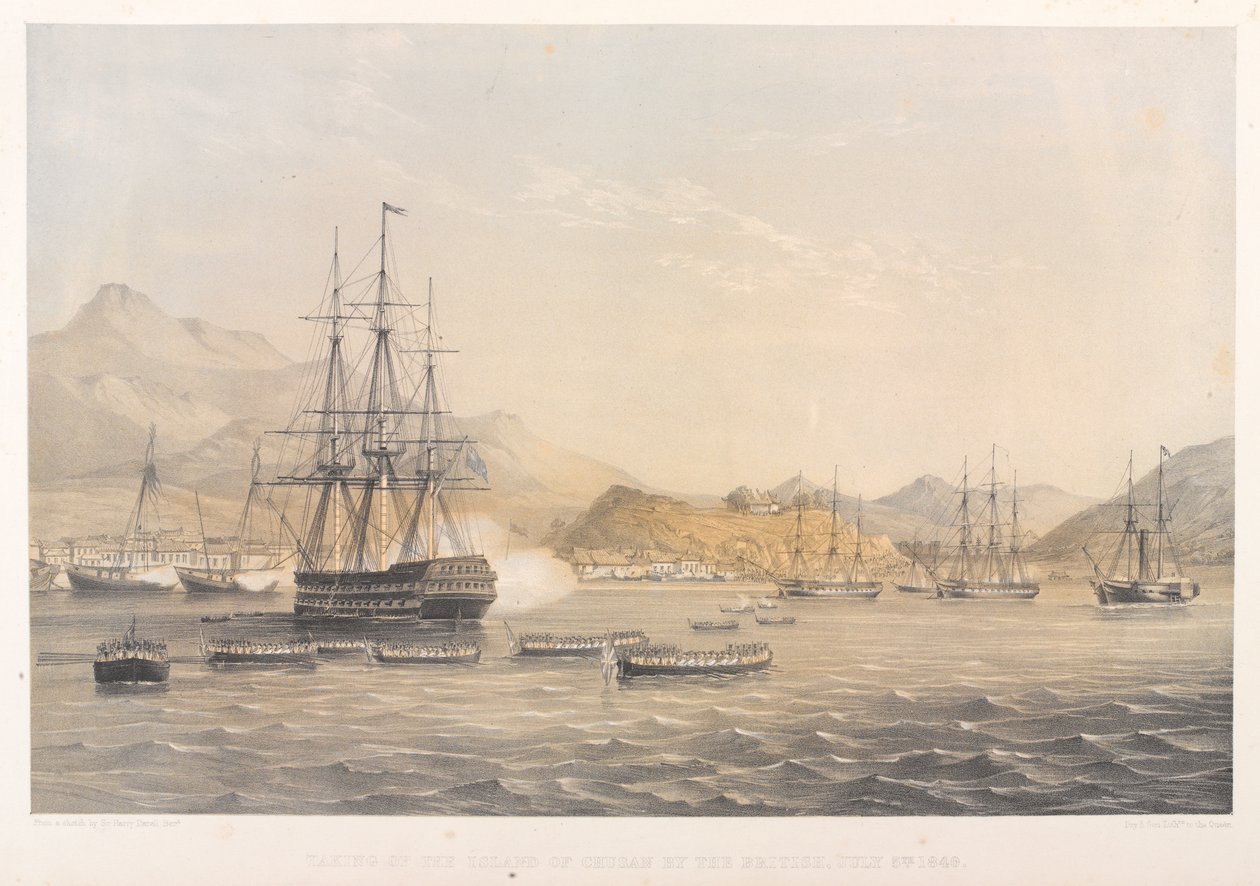 A tomada da Ilha de Chusan pelos britânicos, 5 de Julho de 1840 (litografia colorida) de Harry Francis Darell