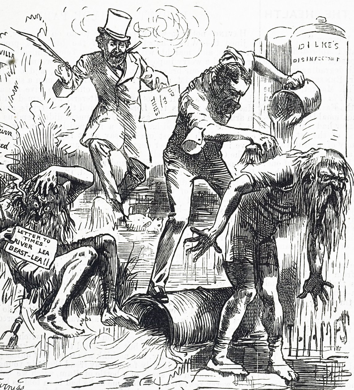 Desenho animado representando os rios Tamisa e Lea Rivers a serem atacados por causa do seu estado imundo de Harry Furniss