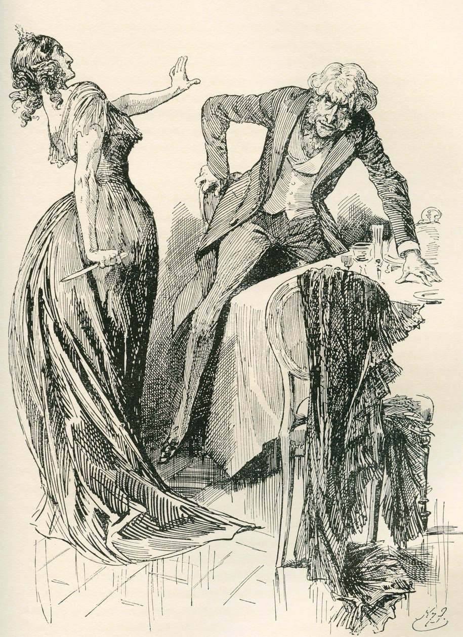 Edith e Mr. Carker. "Ele vinha alegremente na sua direcção, quando, num instante, ela apanhou a faca da mesa, e começou um passo atrás. "Fica quieta", disse ela, " ou eu mato-te!". Ilustração de Harry Furniss para o romance de Charles Dickens de Harry Furniss