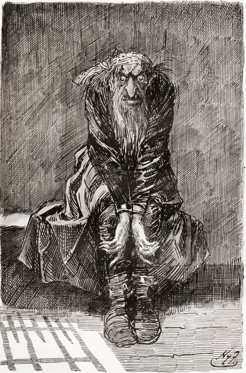 Fagin na Cela Condenada. "Sentou-se num banco de pedra em frente à porta, que servia de assento e de cama, e lançando os seus olhos de sangue sobre o grond, tentou recolher os seus pensamentos. "Ilustração de Harry Furniss para o romance de Charles Dickens de Harry Furniss