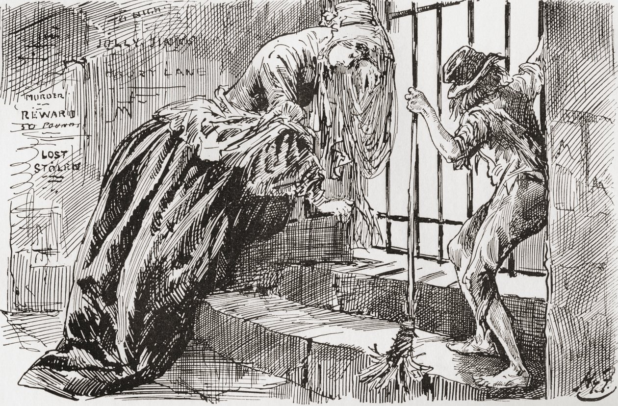 Lady Dedlock e Jo. "Ele foi lá colocado", diz Jo, agarrado às barras e olhando para dentro, enquanto a Lady Dedlock encolhe num canto. Ilustração de Harry Furniss para o romance Charles Dickens Bleak House, de The Testimonial Edition, publicado em 1910. de Harry Furniss