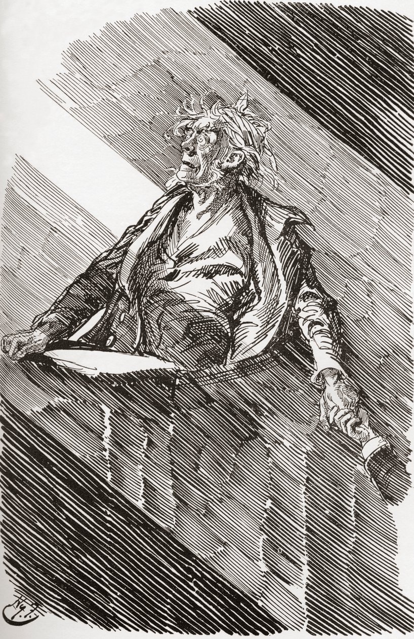 Magwitch sob pena de morte. "Um amplo raio de luz entrou pelas grandes janelas do tribunal. Erguendo-se por um momento, uma mancha de rosto distinta neste raio de luz, o prisioneiro disse: "Meu Senhor, recebi a minha sentença de Morte do Todo-Poderoso de Harry Furniss