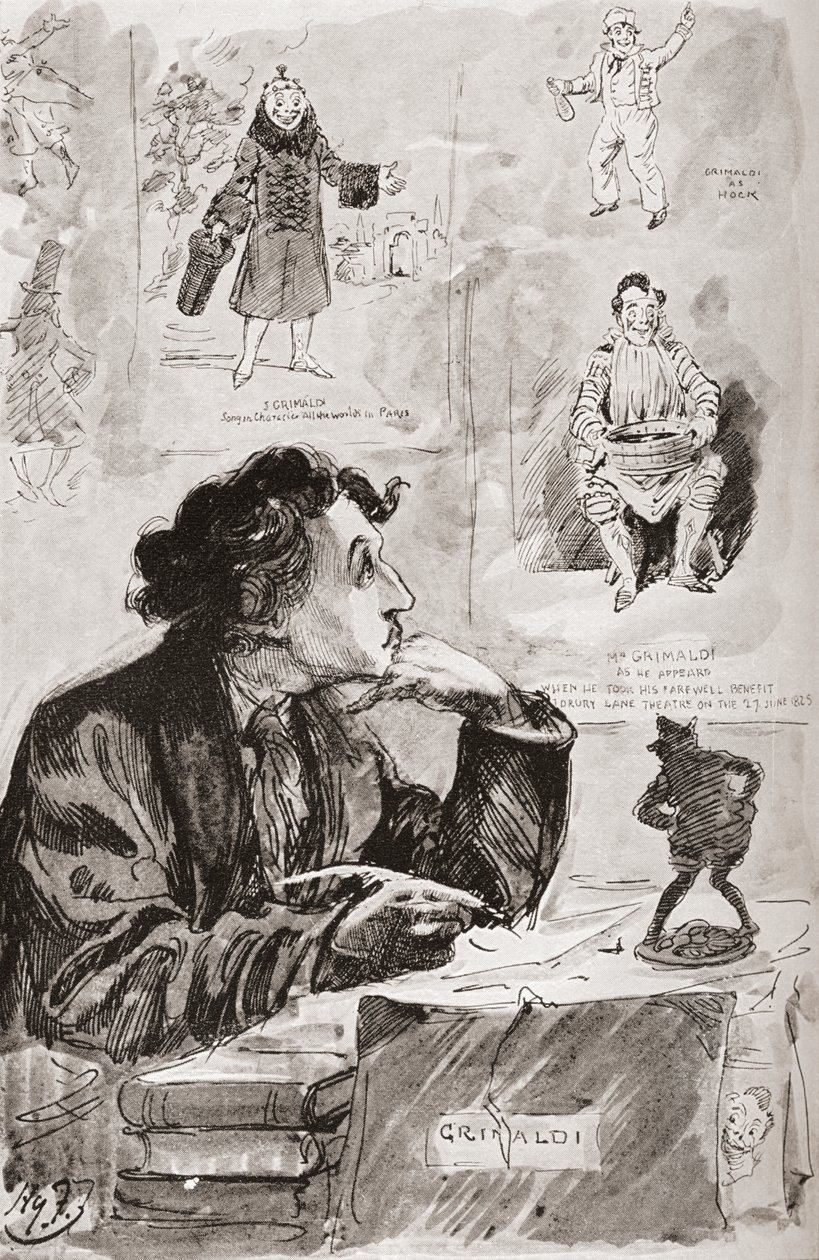 Memórias de Grimaldi. Ilustração de Harry Furniss para o romance Charles Dickens Memórias de Joseph Grimaldi, de The Testimonial Edition publicado em 1910. de Harry Furniss