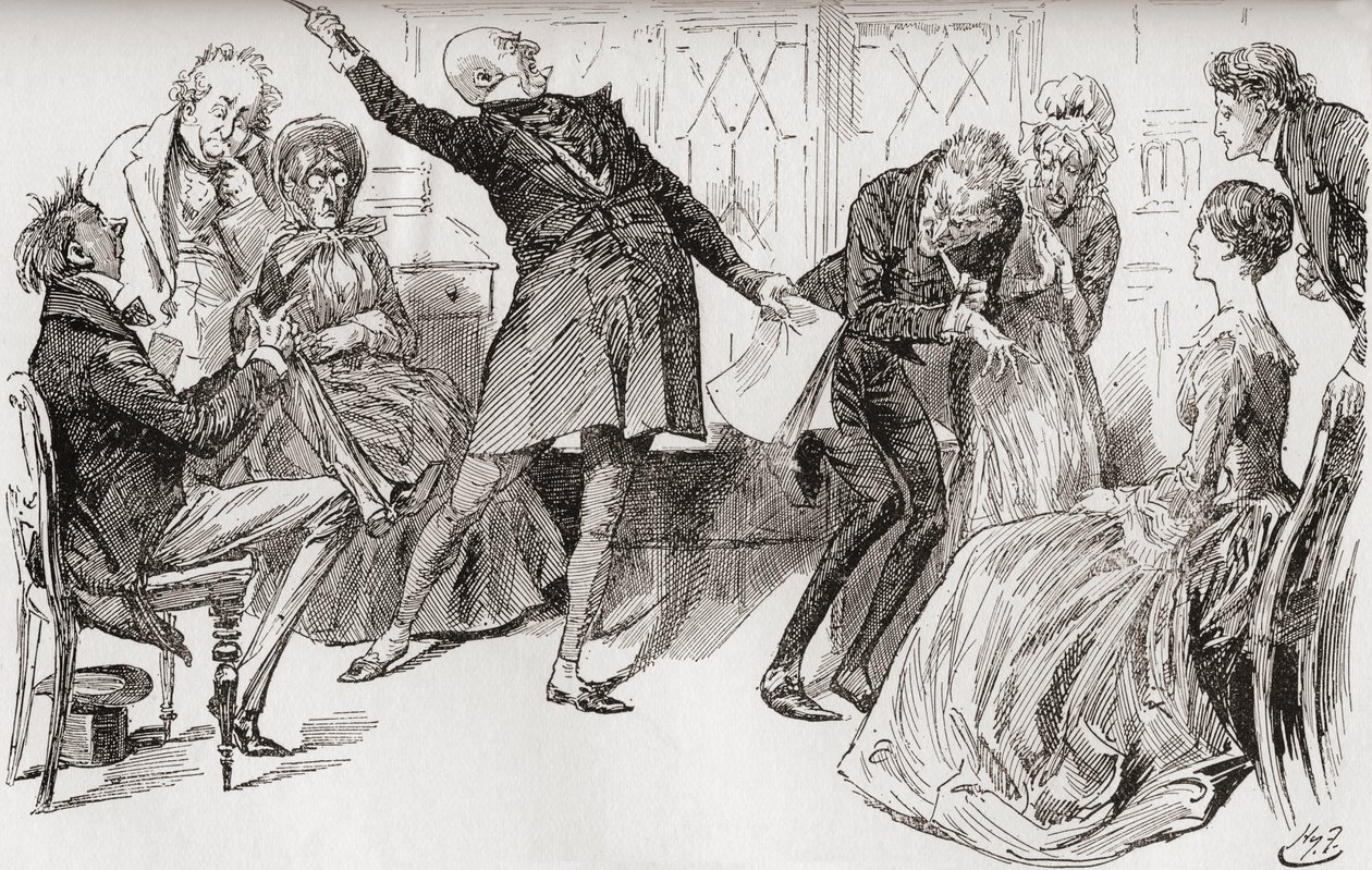 O Sr. Micawber Atinge a Queda das Ovelhas. "O florescimento triunfante com que o Sr. Micawber lhe entregou as palavras, teve um efeito poderoso em alarmar a mãe, que gritou com muita agitação: "Ury! Ury! Sê 