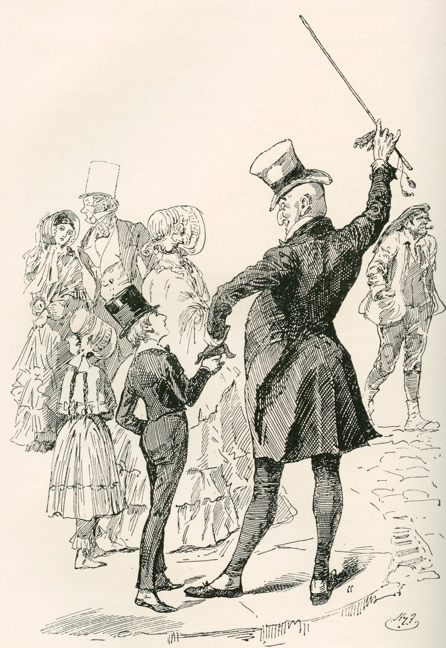Sr. Micawber Leva David para casa. "Caminhámos juntos para a nossa casa, Sr. Micawber impressionando os nomes das ruas, e as formas das casas das esquinas sobre mim, à medida que íamos avançando". Ilustração de Harry Furniss para o romance de Charles Dicke de Harry Furniss