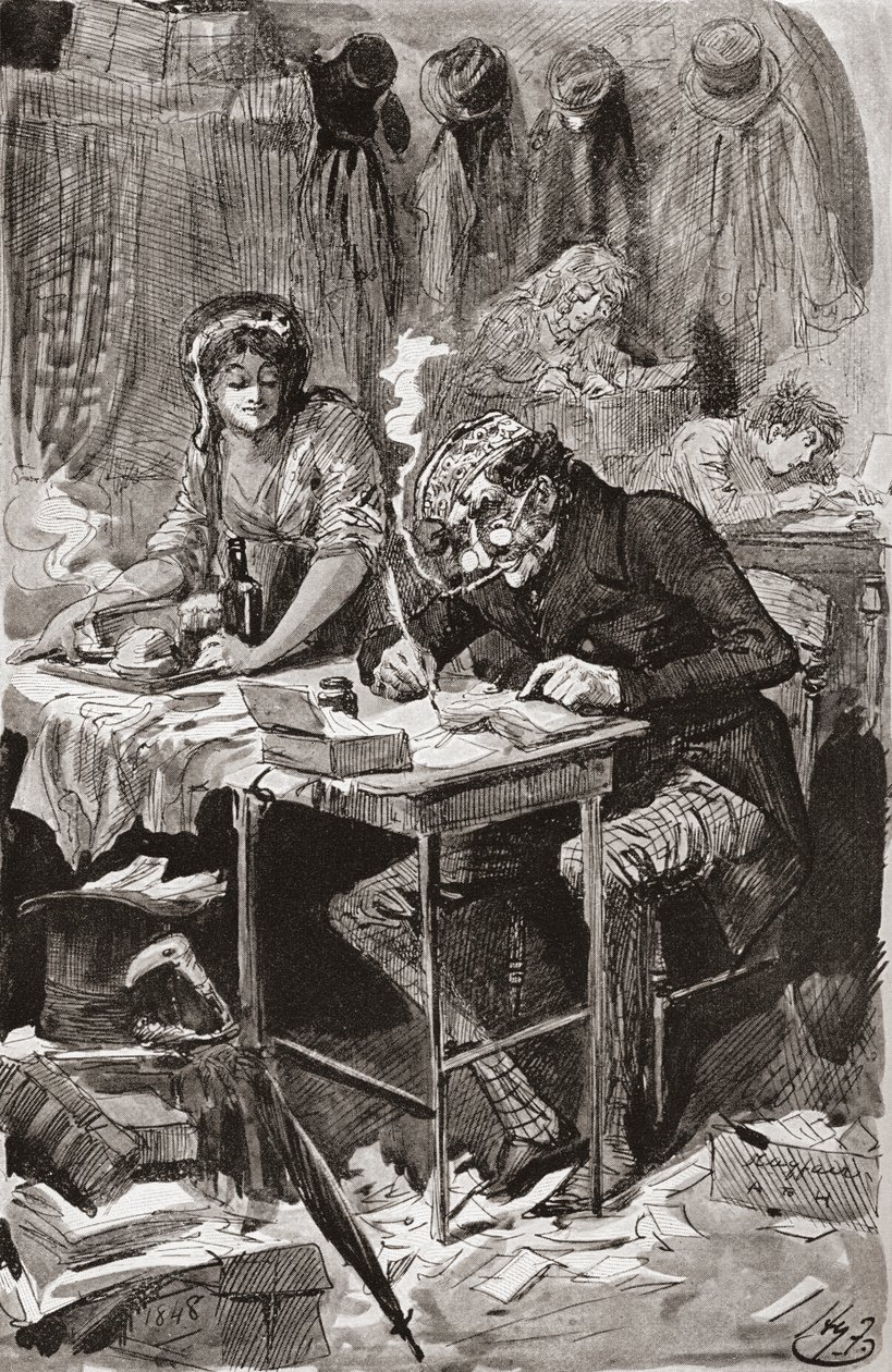 O Escritor da Carta de Mendicidade. Ilustração de Harry Furniss para o romance Charles Dickens Great Expectations, de The Testimonial Edition publicado em 1910. de Harry Furniss
