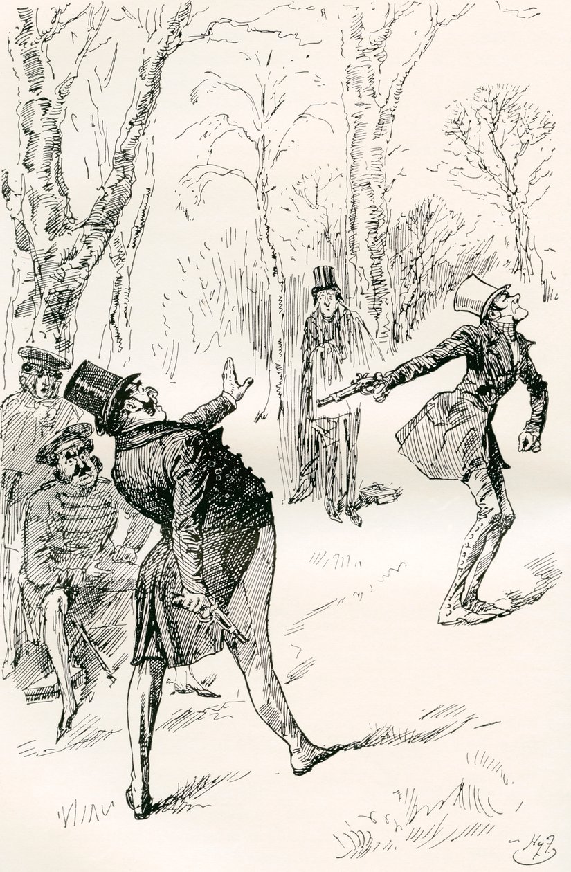 O duelo depois do baile. " Os olhos do Sr. Winkle estando fechados, impediram-no de observar o comportamento extraordinário e irresponsável do Dr. Slammer. Aquele cavalheiro olhou, esfregou os olhos, e, finalmente, gritou "Parem, parem! não é esse o homem" de Harry Furniss