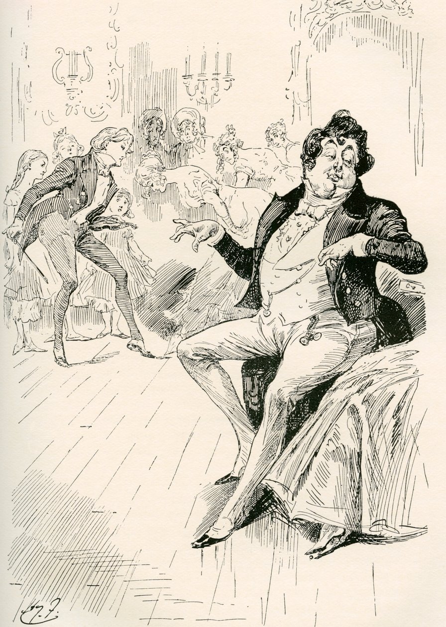 Os Turveydrops, Sénior e Júnior. Ilustração de Harry Furniss para o romance Charles Dickens Bleak House, de The Testimonial Edition, publicado em 1910. de Harry Furniss