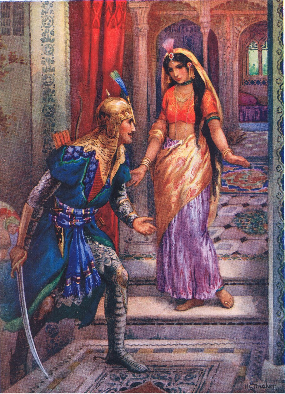 Ao avistar Rama, ela correu para a frente. Das Aventuras de Rama e Sita, ilustração de "Childrens Stories from Indian Legends", c.1930 (litografia a cores) de Harry George Theaker
