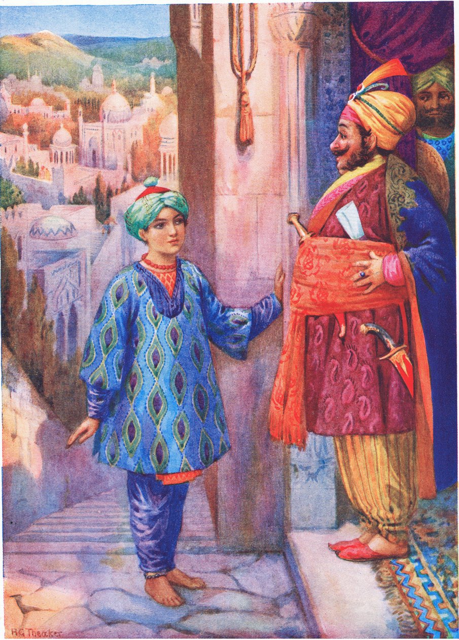 Exigiu uma audiência com o Grão-Vizir. Do Rapaz que via passos, ilustração de "Childrens Stories from Indian Legends", c.1930 (litografia a cores) de Harry George Theaker