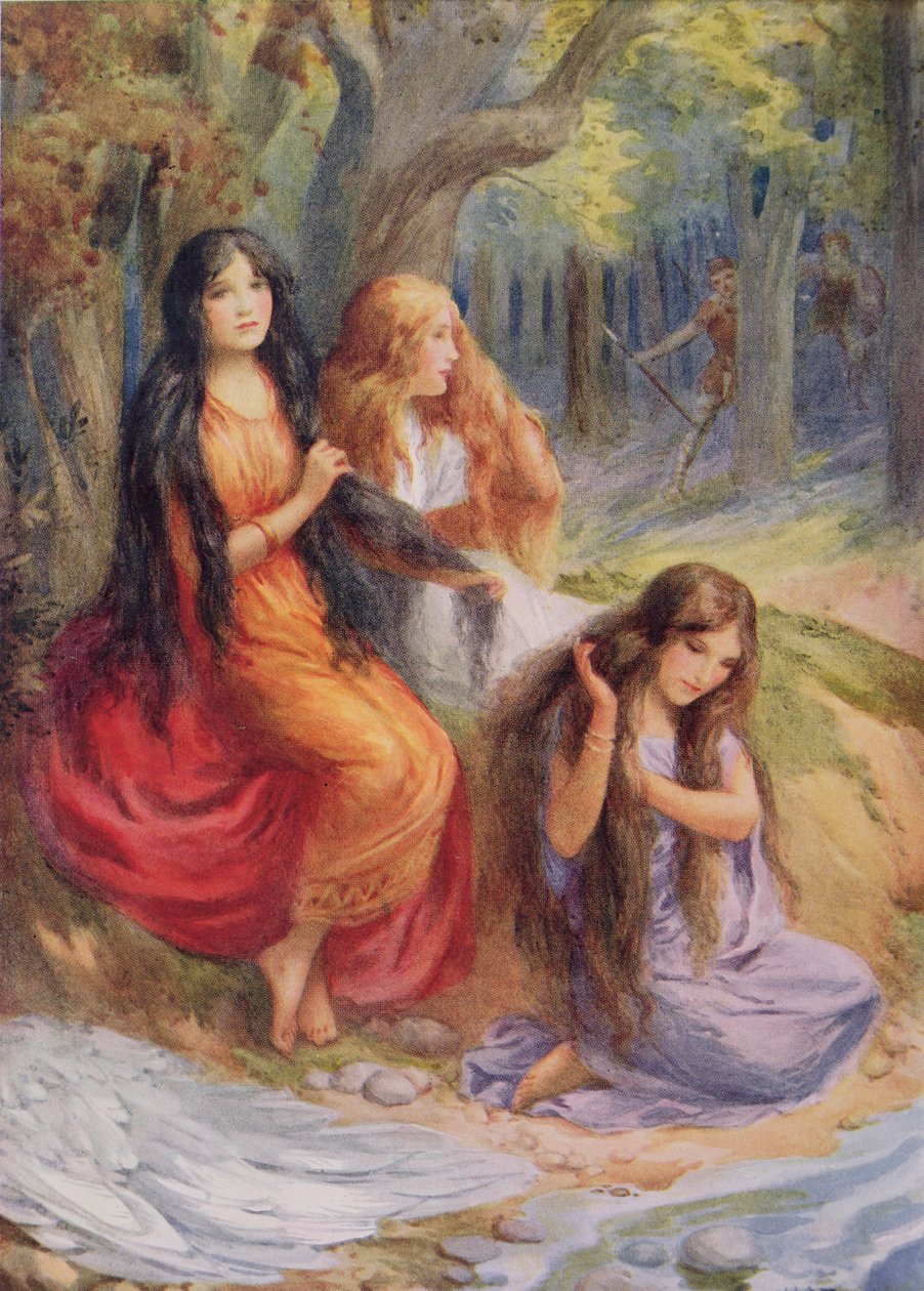 Hladgrun, Olrun e Alvit, ilustração de "The Wayland Smith" ilustrada em "Northern Legends" de Raphael Tuck (pub) (litografia a cores) de Harry George Theaker