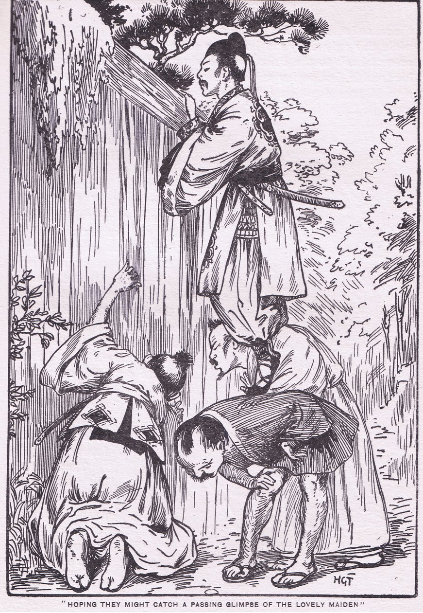 Na esperança de poderem vislumbrar a bela donzela (de Daughter of the Moon) (litografia) de Harry George Theaker