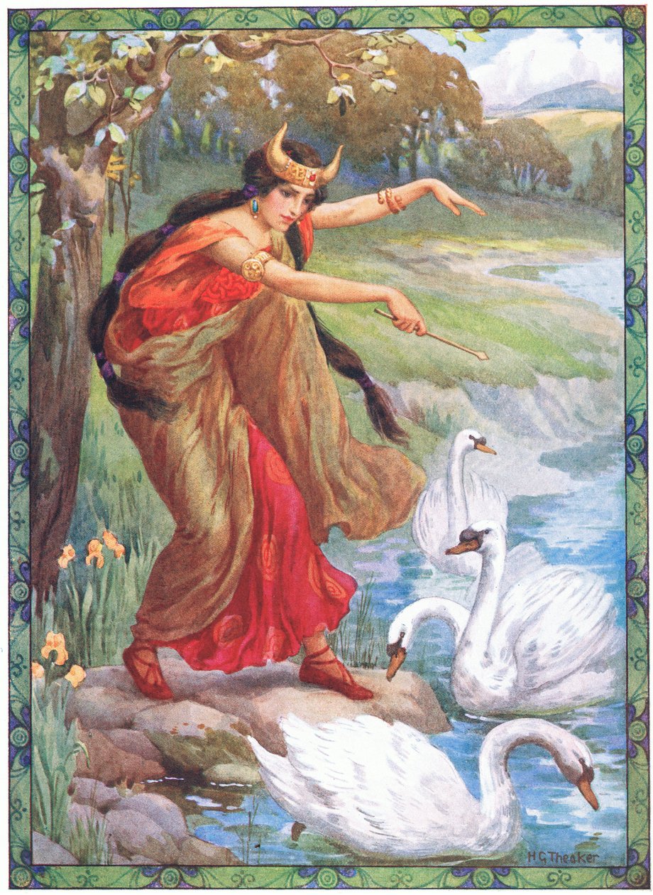 "Em vez dos quatro filhos, o que é que ela viu" (dos Filhos de Lir) (litografia a cores) de Harry George Theaker