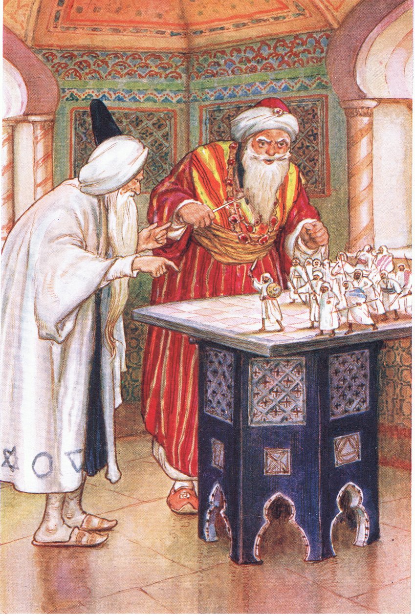 O rei Aben Kabuz e o astrólogo árabe (do conto "O astrólogo árabe"), ilustração de "Tales of Alhambra", c.1940 (litografia a cores) de Harry George Theaker