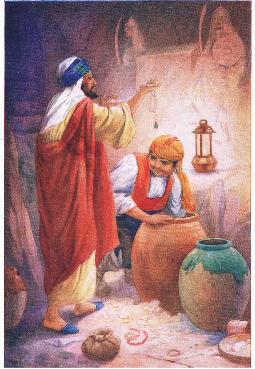 Peregil, o Gallego e o Mouro (do conto O Legado do Mouro), ilustração de "Contos de Alhambra", c.1940 (litografia a cores) de Harry George Theaker