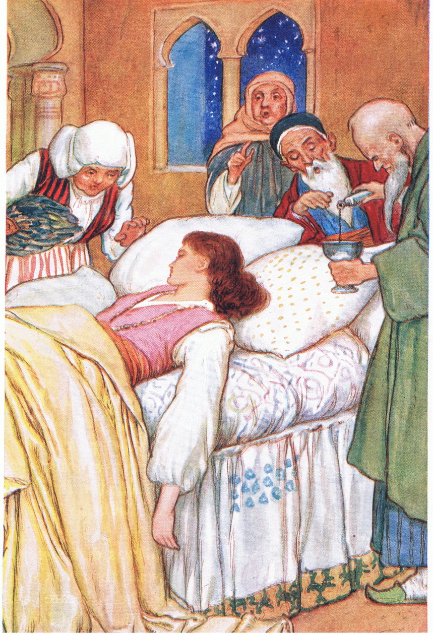 A Princesa Aldebonda e os seus Médicos (do conto "Os Peregrinos do Amor"), ilustração de "Contos de Alhambra", c.1940 (litografia a cores) de Harry George Theaker