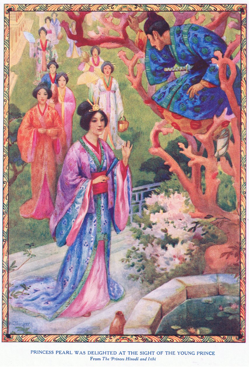 A Princesa Pérola ficou encantada ao ver o jovem príncipe (de A Princesa Hinode e Irihi) (litografia) de Harry George Theaker