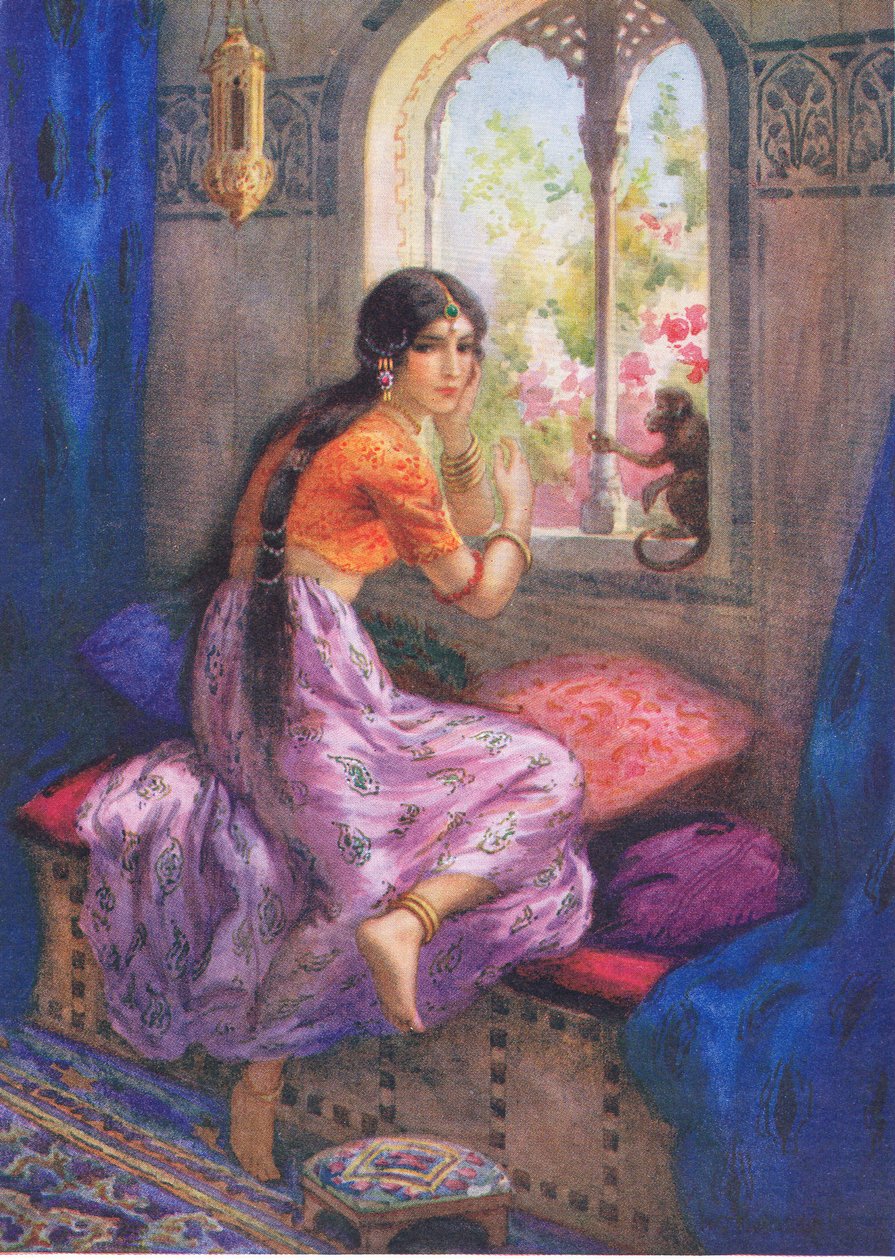 "Rama: Sussurrou Hanuman mais uma vez". Das Aventuras de Rama e Sita, ilustração de "Childrens Stories from Indian Legends", c.1930 (litografia a cores) de Harry George Theaker
