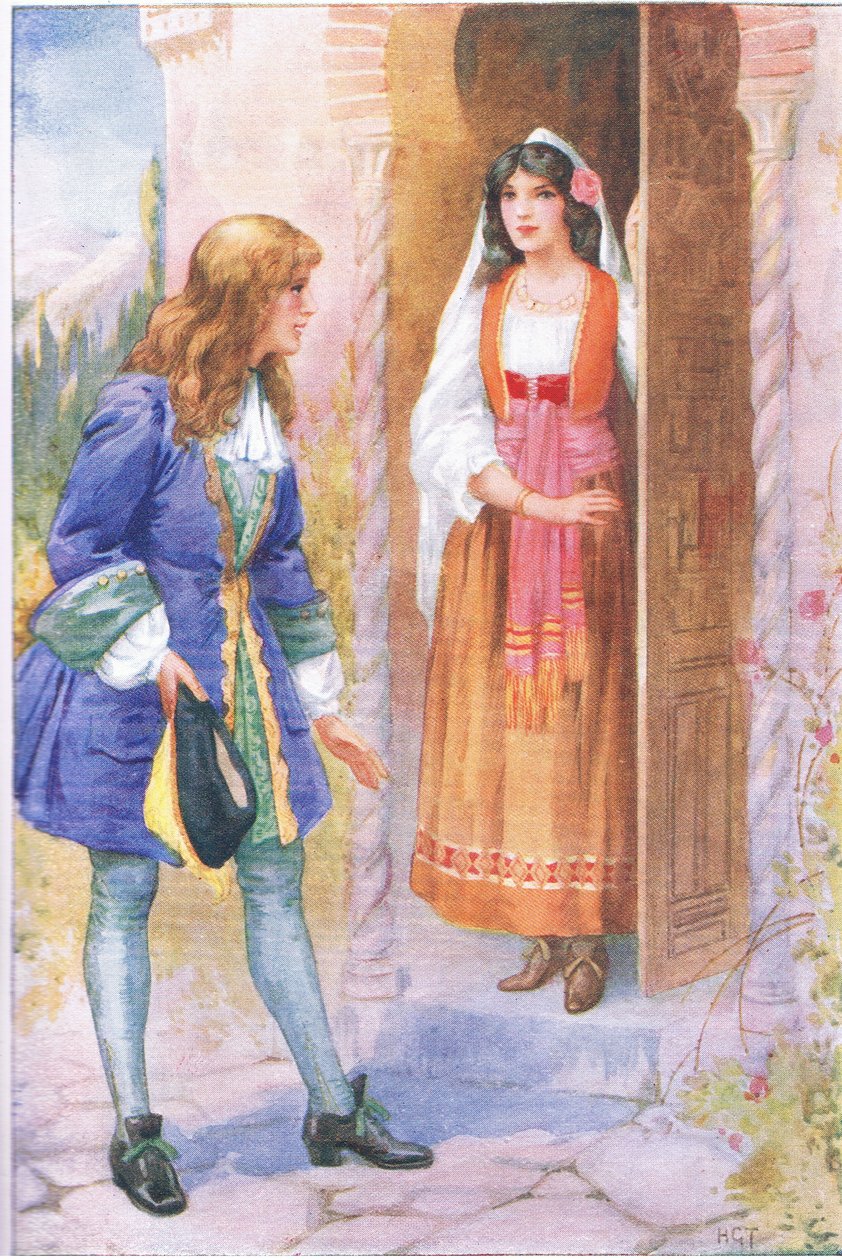 Ruyz de Alercon e a Rosa de Alhambra (do conto A Rosa de Alhambra) , ilustração de "Tales of Alhambra", c.1940 (litografia a cores) de Harry George Theaker
