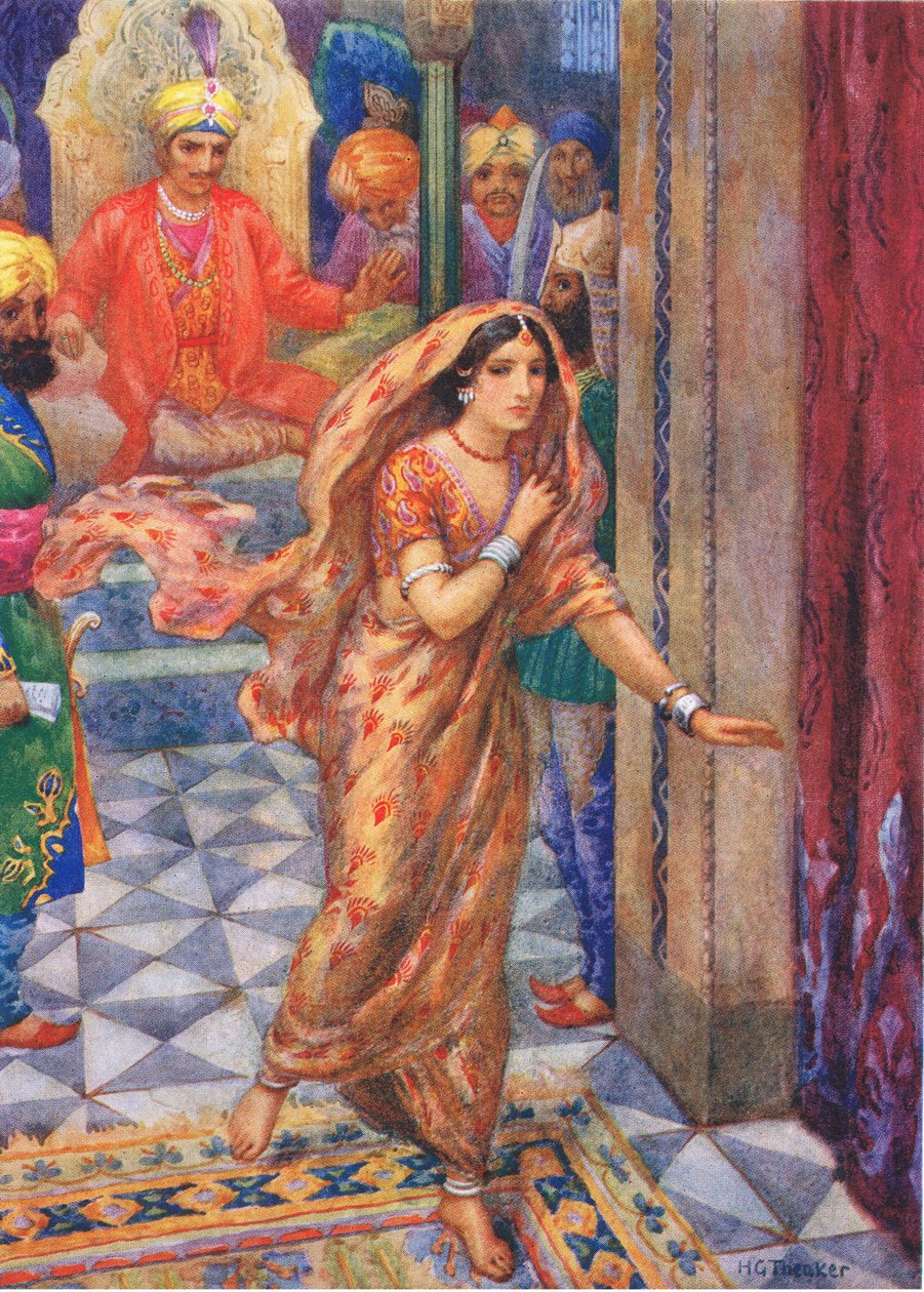 Ela fugiu da sala de audiências. Do Anel da Recordação, ilustração de "Childrens Stories from Indian Legends", c.1930 (litografia a cores) de Harry George Theaker