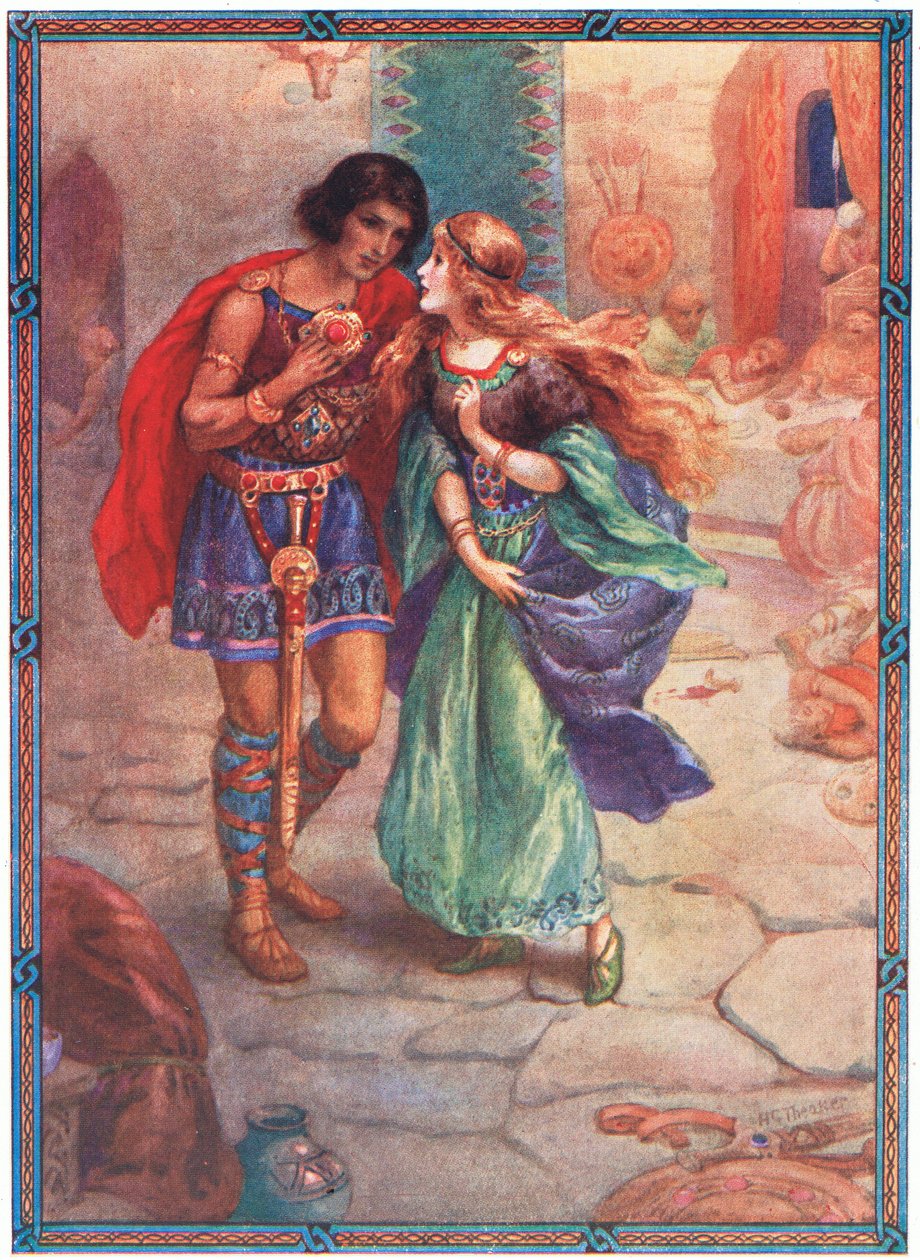 "Toma-me como tua mulher" (de Diarmud e Grania) (litografia a cores) de Harry George Theaker