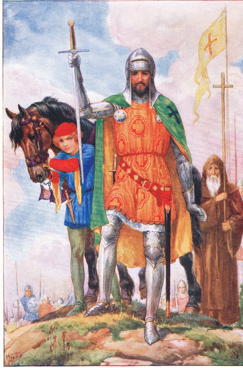 O Grão-Mestre de Alicantara e o eremita (do Grão-Mestre de Alcântara), ilustração de "Tales of Alhambra", c.1940 (litografia a cores) de Harry George Theaker
