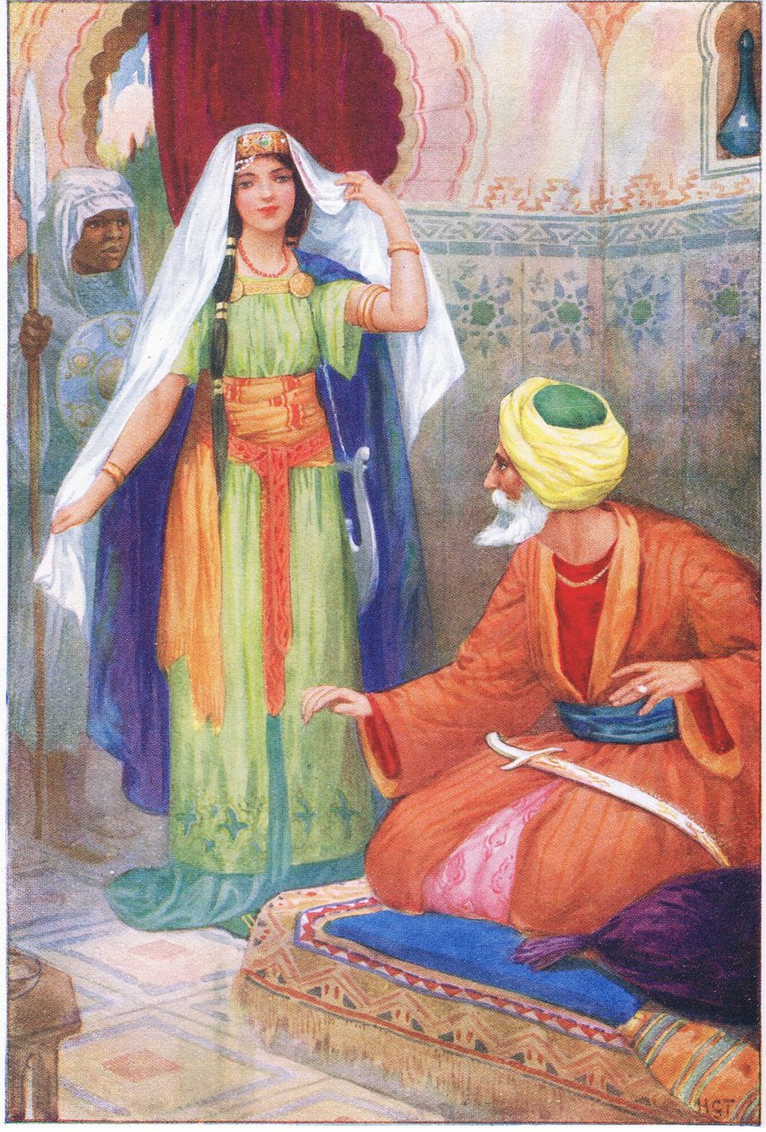 A bela cativa e Aben Habuz (do conto "O astrólogo árabe"), ilustração de "Contos de Alhambra", c.1940 (litografia a cores) de Harry George Theaker