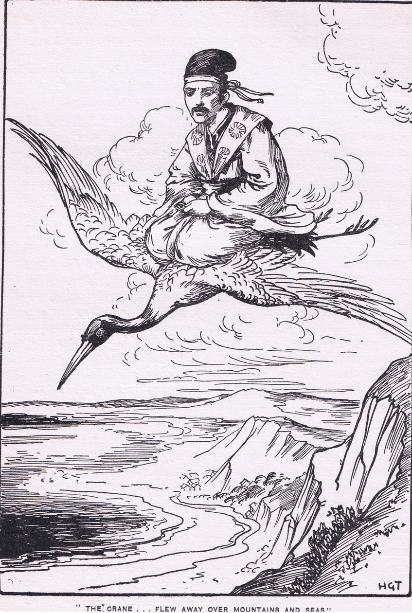 O grou voou sobre montanhas e mares (da História de Sentaro) (litografia) de Harry George Theaker