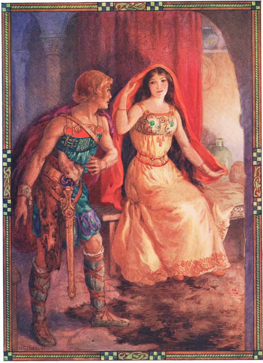 A dama descobriu o rosto (de A dama odiosa e o cavaleiro galante) (litografia a cores) de Harry George Theaker