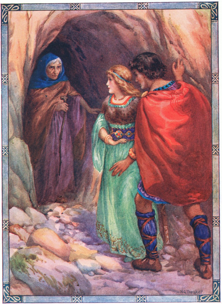 Chegaram a uma gruta junto ao mar (de Diarmud e Grania) (litografia a cores) de Harry George Theaker