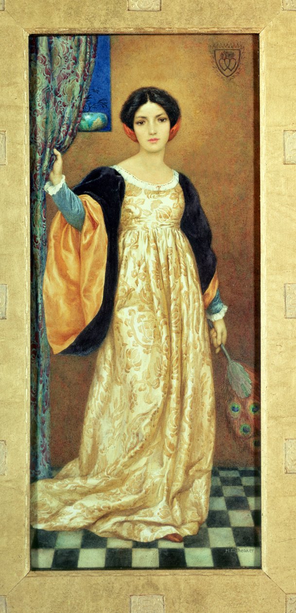 Mulher com leque de pavão (aguarela) de Harry George Theaker