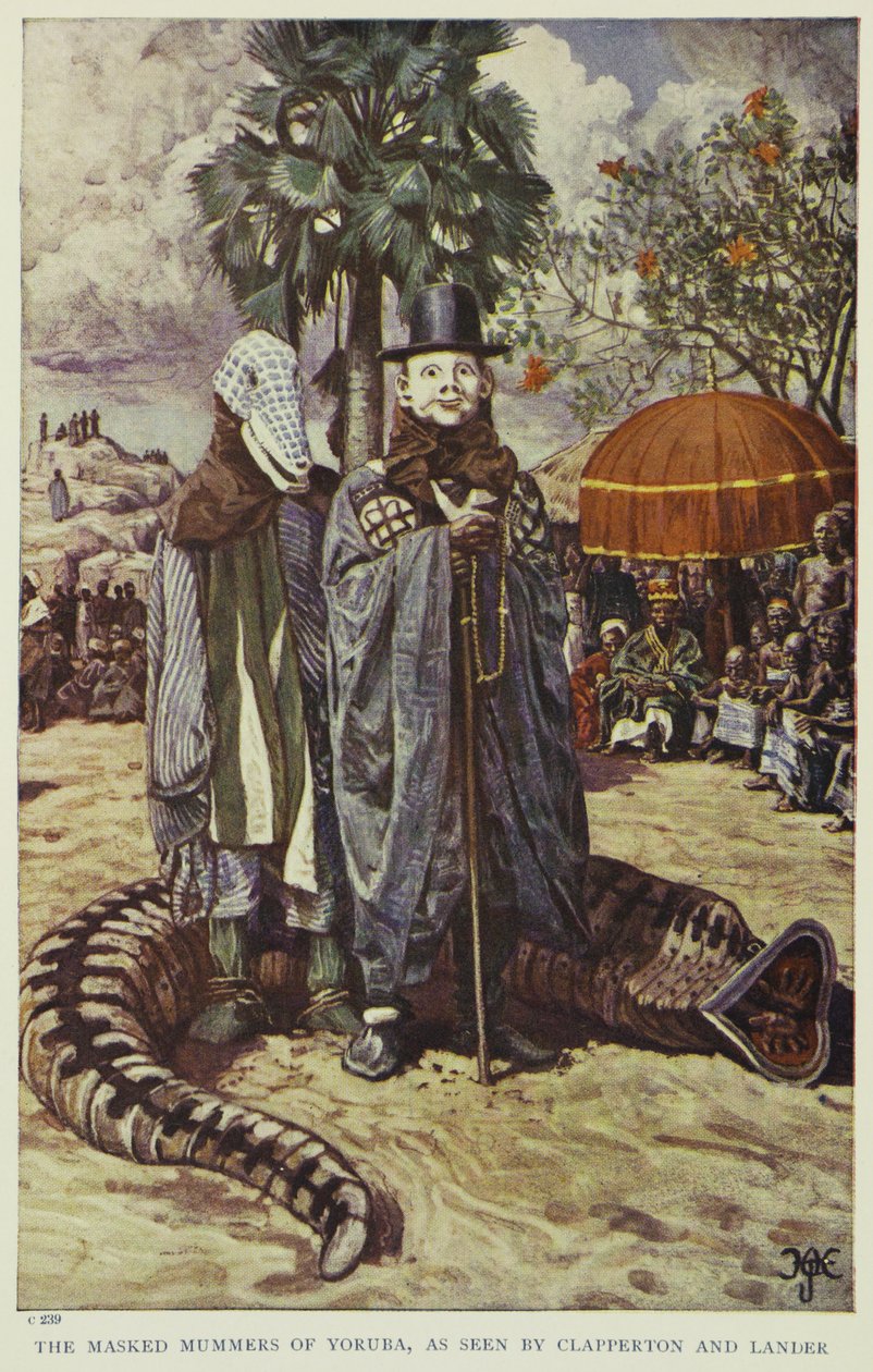 Os mascarados imitadores de Yoruba, vistos por Clapperton e Lander, ilustração de "Pioneers of West Africa", 1912 de Harry Hamilton Johnston