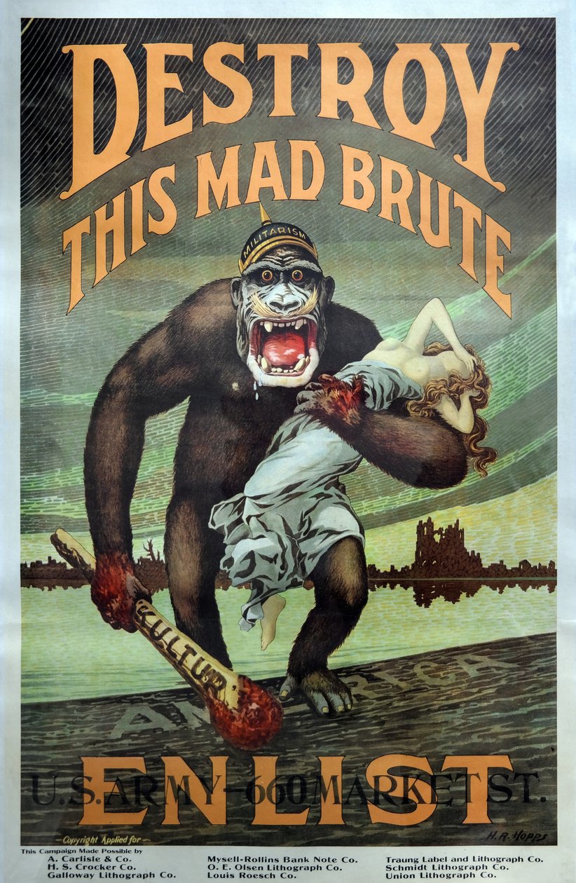 Campanha de recrutamento militar da 1ª Guerra Mundial dos EUA "Destroy this Mad Brute - Enlist" pub. 1917 de Harry R. Hopps