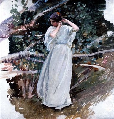 Jovem mulher com um vestido comprido branco (painel) de Harry Watson