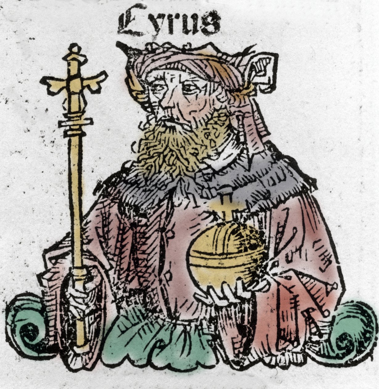 Ciro II (529 AC), conhecido como Ciro o Grande, fundador do Império Persa, Xilografia de "Crónicas de Nuremberga" de Hartmann Schedel de Hartmann Schedel